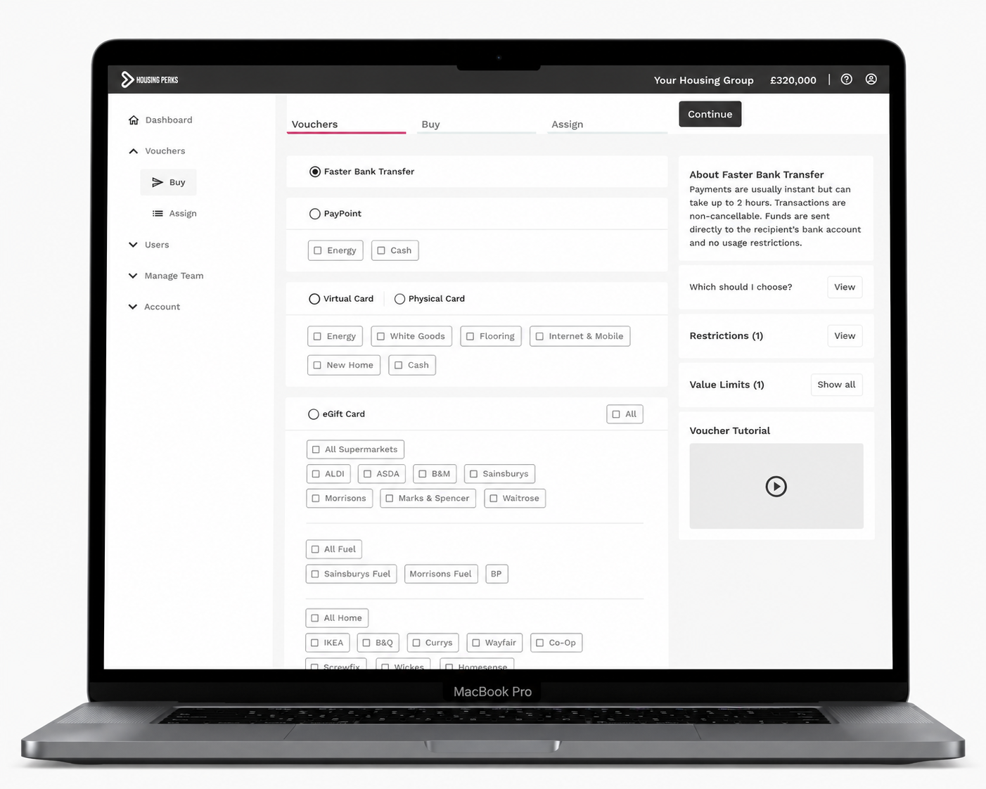 Housing Perks Payouts dashboard shown on a laptop