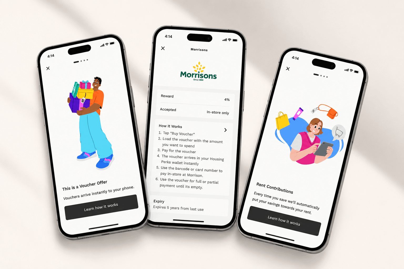 Housing Perks app screens showing voucher offers, retailer instructions and rent contributions